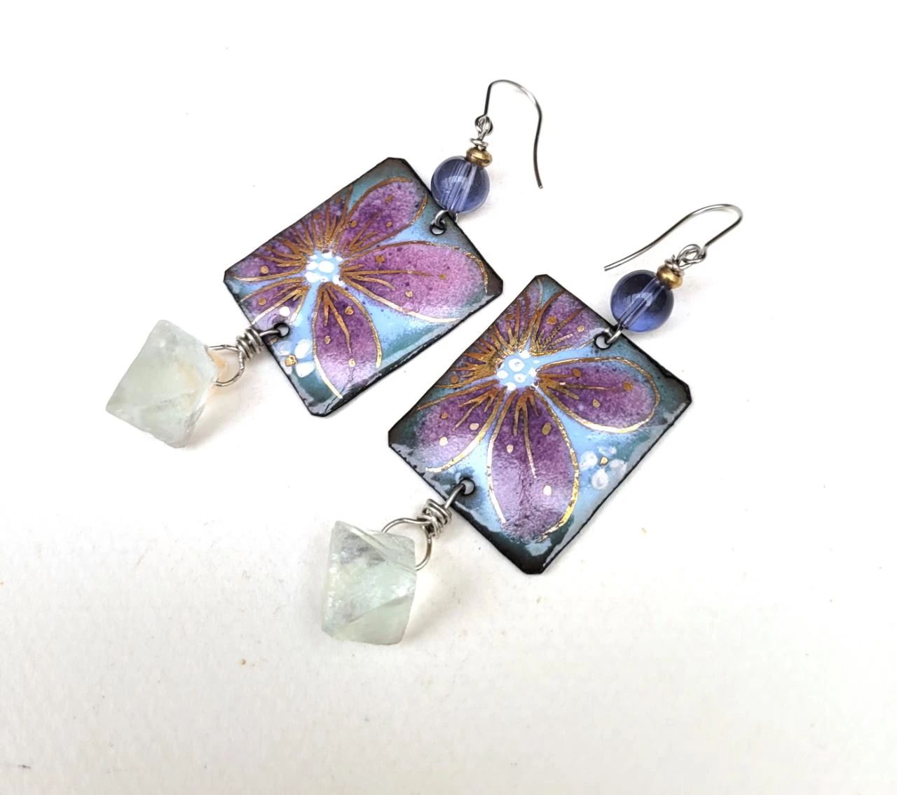 Natural earrings with handmade enamel flower charm, fluorite octahedron – photo 3